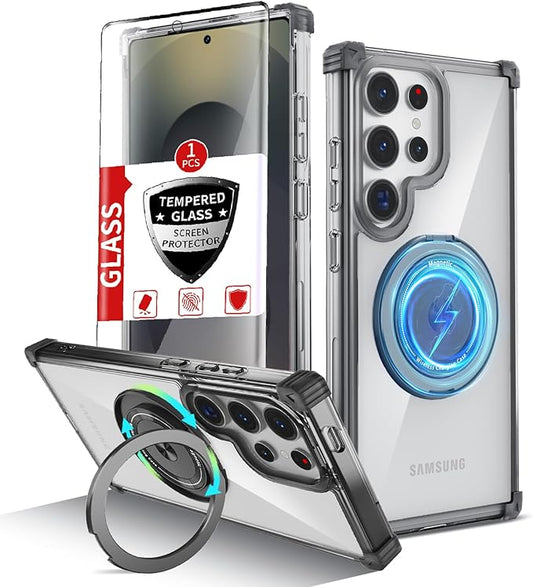 for Samsung Galaxy S25 Ultra Case Compatible with MagSafe Magnetic,with Screen Protector,with Kickstand Ring Military Grade Drop Heavy Duty Protection Shockproof for S25 Ultra Phone Case Black