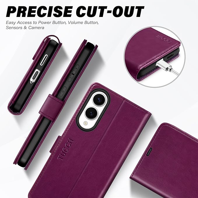 TUCCH Case Wallet for Galaxy S25 Edge, Kickstand [RFID Blocking] 4 Card Holder, Folio Magnetic PU Leather [TPU Shockproof Interior Case] Protective Cover Compatible with Galaxy S25 Edge, Plum Purple