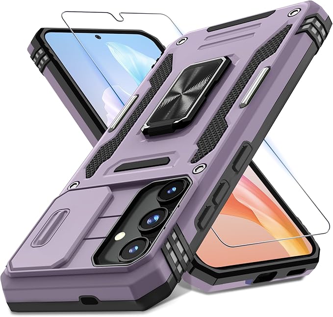 DEERLAMN Case for Samsung Galaxy S24+ Plus with Slide Camera Cover+Screen Protector (1 Pack), Rotated Ring Kickstand Military Grade Shockproof Protective Cover-Deep Purple