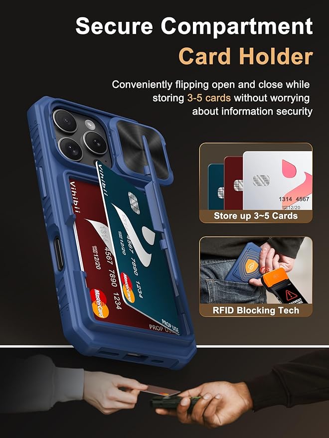 Vihibii for iPhone 16 Pro Wallet Case with Card Holder (4 Cards) [RFID Blocking] & Slide Camera Cover & Raised Edges Protect Screen, Shockproof Rugged Phone Cover for iPhone 16 Pro 6.3" 2024, Blue