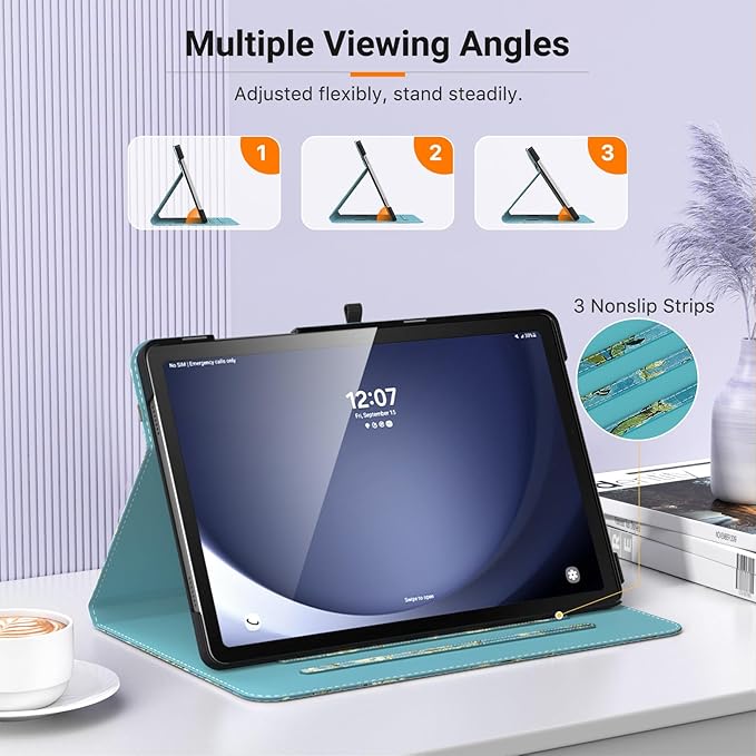 MoKo Case for Samsung Galaxy Tab A9 Plus 11" 2023 (SM-X210/SM-X216/SM-X218), PU Leather Multi-Angle Viewing Folding Stand Cover Case with Hand Strap, Front Pocket, Auto Wake/Sleep, Almond Blossom