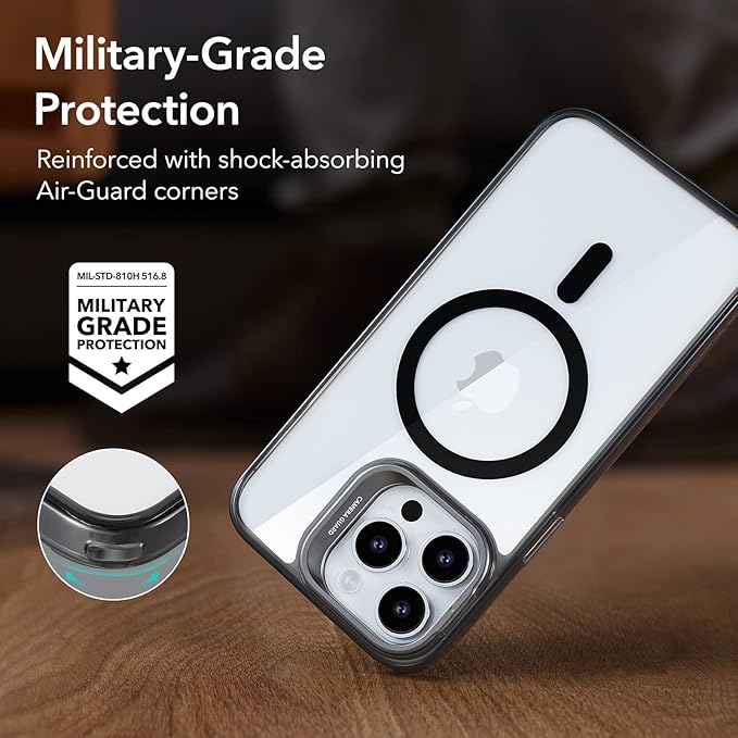 ESR Magnetic Phone Case for iPhone 14 Pro Max, Compatible with MagSafe, Built-in Camera Ring Stand, Military-Grade Protection, Classic Kickstand Case (HaloLock),Clear Black