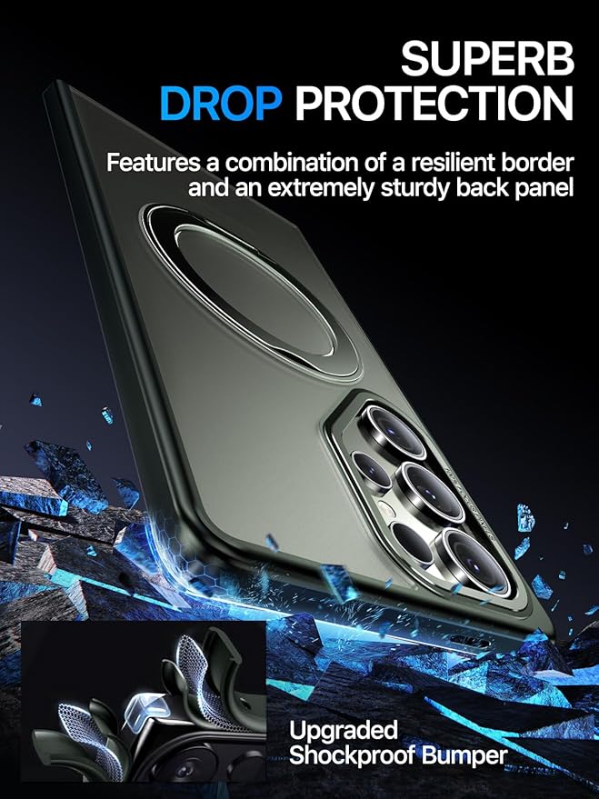 QTlier Phone case for Galaxy S25 Ultra- 360 Rotatable Magnetic Ring Stand, Military-Grade Protection, Raised Camera Frame Green