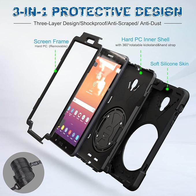 BRAECNstock for Samsung Galaxy Tab A 8.0 2017 Case, Shockproof Protective Tab A 8.0" SM-T380/T385 Case with Rotating Hand Strap & Stand, Shoulder Strap, Pencil Holder, Black