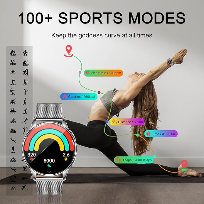 Smartwatch for Women, Waterproof Bluetooth Call Watch for Android iOS Phones, 1.32" AMOLED Round Touch Screen Fitness Tracker with 100+ Sports Modes/Health Monitor/Password Lock/Message Reminder