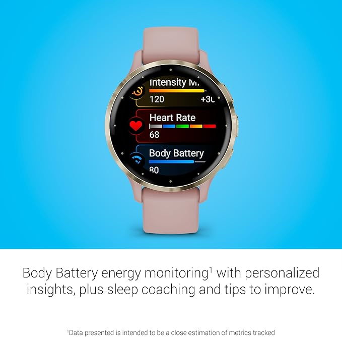 Garmin Venu 3S Soft Gold Stainless Steel Bezel 1.2-Inch AMOLED Touchscreen Display Smart Watch with 41mm Dust Rose Case and Silicone Band