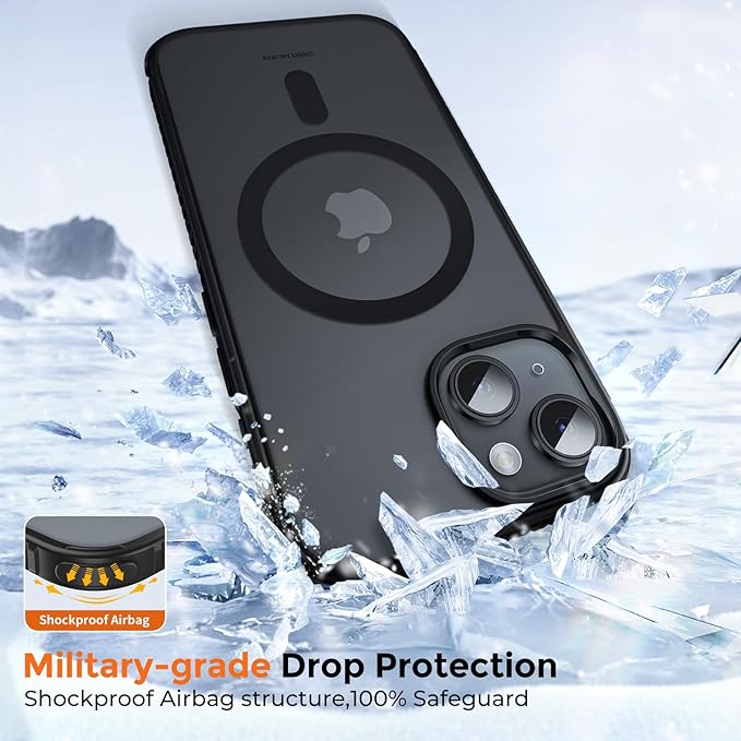 UNBREAKcable Magnetic Case for iPhone 15, [Compatible with MagSafe] [Military Grade Shockproof] [Non-Slip] Translucent Matte Back Soft Silicone Protective Case for iPhone 15, Black