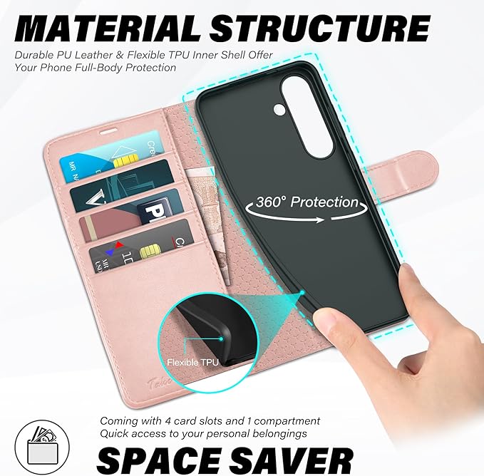 TUCCH Wallet Case for Galaxy S25, Magnetic PU Leather Stand [RFID Blocking] Credit Card Holder Flip Cover with [TPU Shockproof Interior Case] Compatible with Galaxy S25 6.2" 2025, Rose Gold