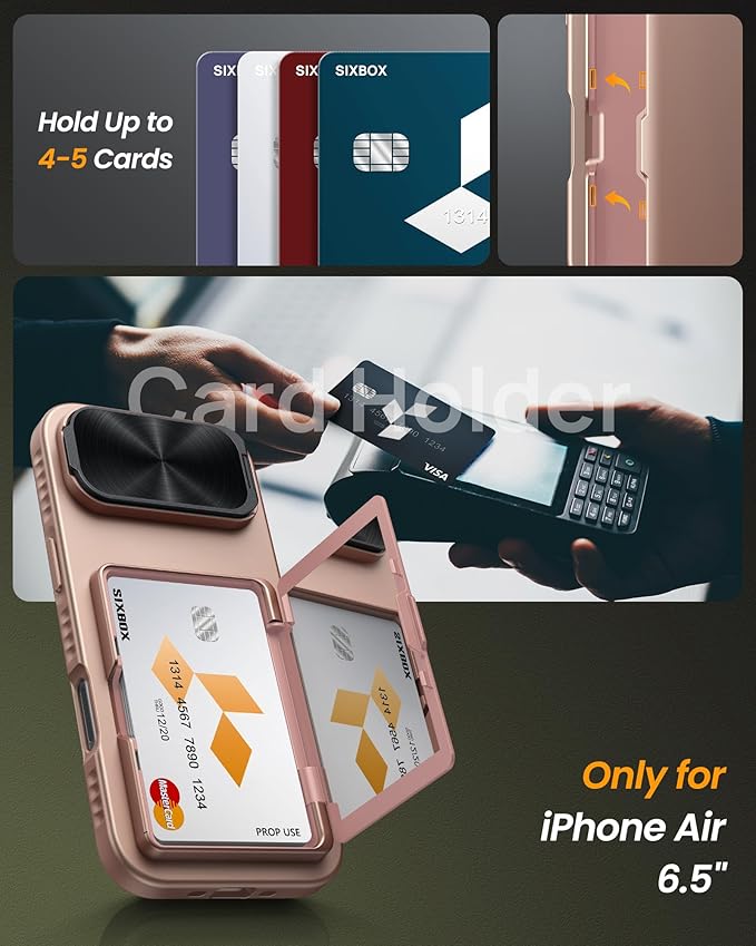 for iPhone Air Case with Card Holder & Stand & Camera Cover, Military Grade Drop Protection Hard Back Rugged Multifunctional Wallet Kickstand Protective Phone Case for iPhone Air, Rose Gold