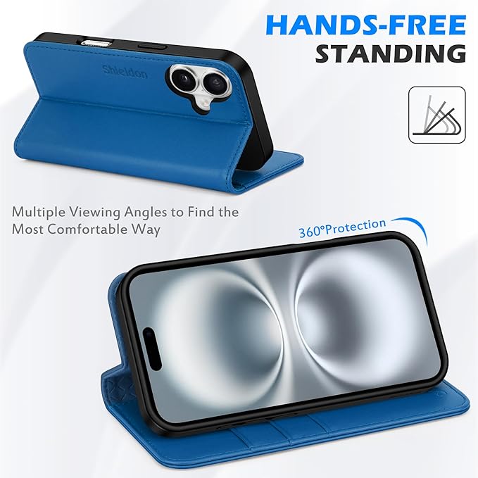SHIELDON Wallet Case for iPhone 16 2024, Genuine Leather Folio Case with Kickstand, RFID Blocking Card Slots, Magnetic Shockproof Cover, Compatible with iPhone 16 5G 6.1" - Nappa Sapphire Blue