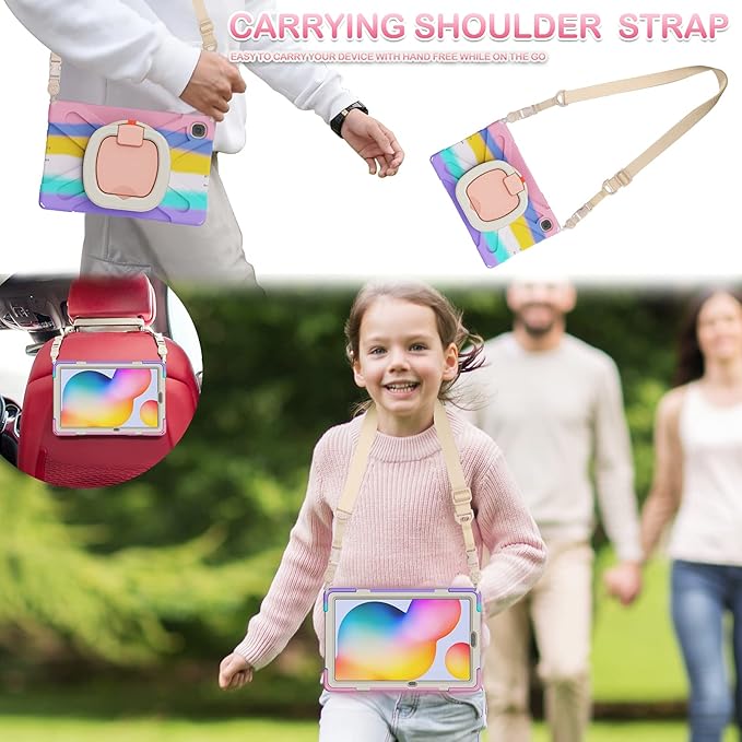 BATYUE Case for Samsung Galaxy Tab S6 Lite 10.4 Inch 2024/2022/2020 (SM-P610/P613/P615/P619/P620), Protective Case with Shoulder Strap, 360° Swivel Stand, Shockproof Drop; for Kids - Colourful Pink