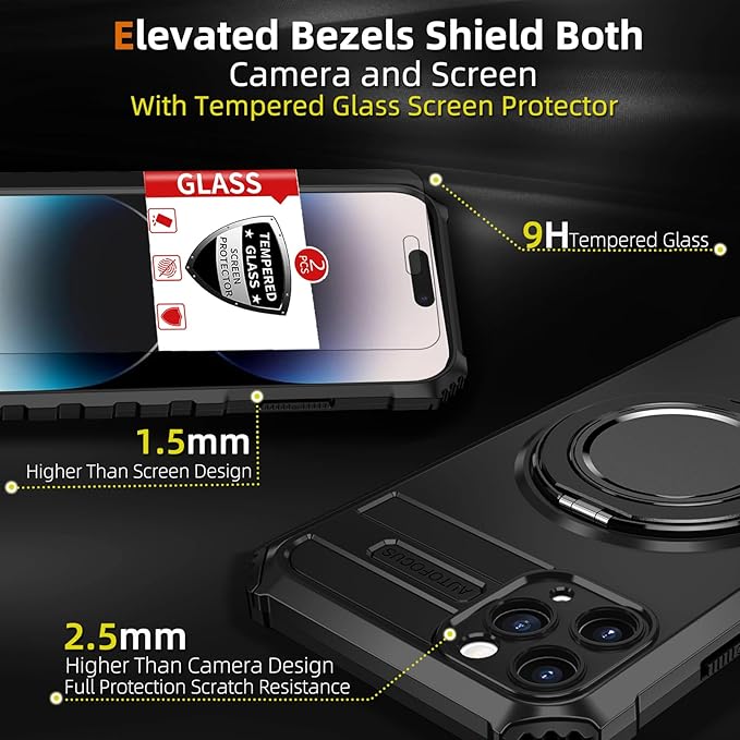 Magnetic for iPhone 14 Pro Max Case Compatible with MagSafe Wireless Charging,14 Pro Max Case with 2 Screen Protectors,with Kickstand Military Grade Drop Shockproof Heavy Duty Protection Black