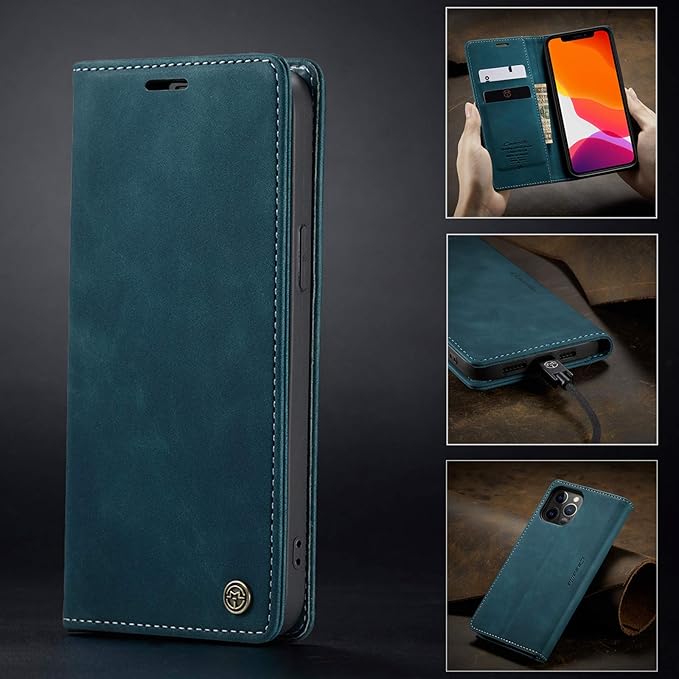 for iPhone 12 Pro Max Case, Flip Wallet Leather Case with Card Holder Magnetic Closure Shockproof Kickstand Protective Phone Cases Cover for iPhone 12 Pro Max, Blue-Green
