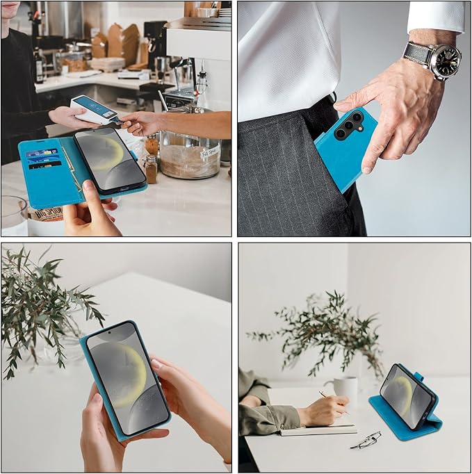 MONASAY Wallet Case Fit for Samsung Galaxy S24 5G, [Lens & Glass Screen Protector Included] [RFID Blocking] Flip Folio Leather Cell Phone Cover with Credit Card Holder, 6.2 inch, Light Blue