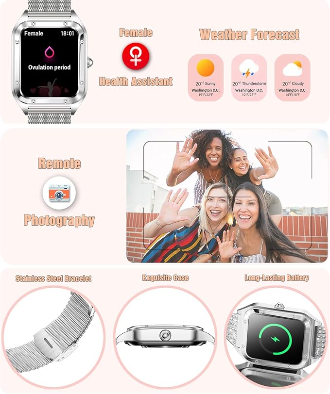 Smart Watch for Women, 1.59'' Full Touch Women's Smartwatch with Female Health Tracking, Fitness Tracker Heart Rate Monitor, Waterproof Sports Smartwatch for Android iOS (Silver Mesh RT-i98)