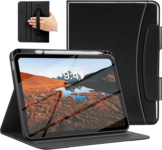 MoKo for iPad (A16) 11th Generation Case 11 inch 2025, iPad 10th Generation Case 10.9" 2022 with Pencil Holder & Pocket, Premium Leather Folio Stand Cover, Multiple Viewing Angles, Black