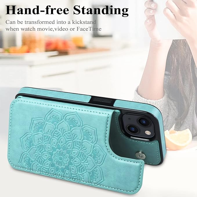 MMHUO for iPhone 14 Case with Card Holder, Flower Magnetic Back Flip Case for iPhone 14 Wallet Case for Women, Protective Case Phone Case for iPhone 14,Mint