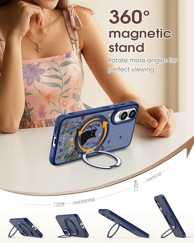 for Samsung Galaxy S25 Edge Case with 360° Rotatable Magnetic Ring - Compatible with MagSafe, Semi-Transparent Soft-Touch Material Shockproof, Cute Black Cat Design for Women Girl