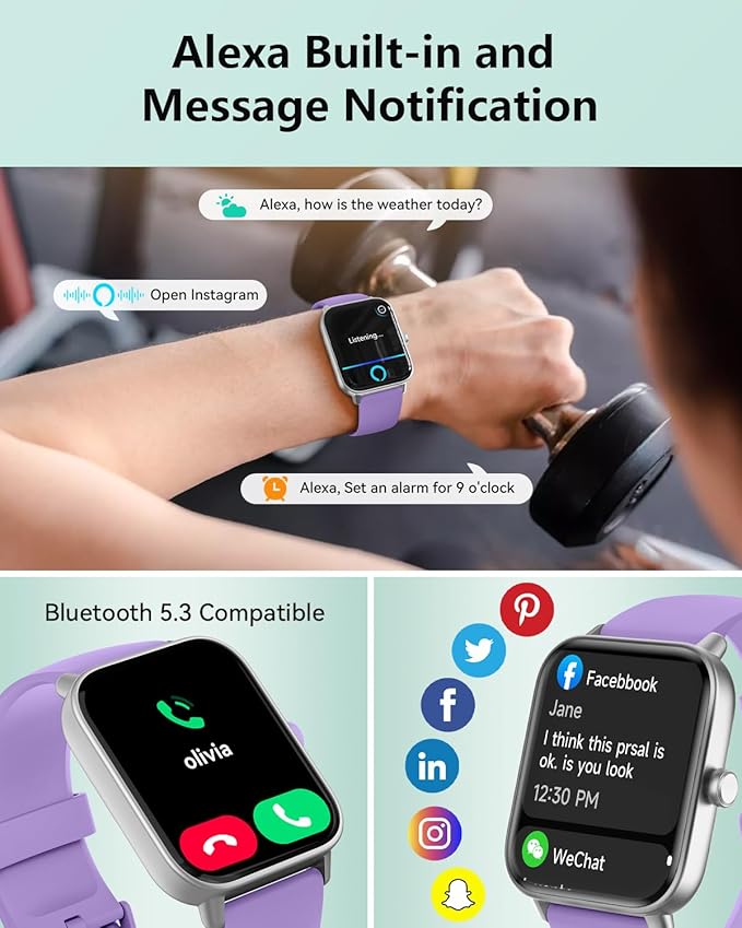 Smart Watches for Women/Men, Smart Watch for Android Phones and iPhone Compatible, Alexa Built-in, 1.8" Fitness Watches for Women, IP68 Waterproof/Bluetooth Call, Heart Rate/Sleep Monitor, Purple