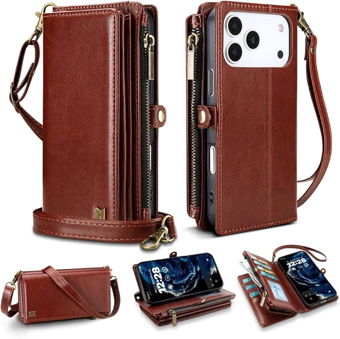 for iPhone 17 Pro Wallet Phone Case with 7 Card Holder,RFID Blocking | PU Leather | Kickstand | Flip | Wrist Strap&Shoulder Strap | Shockproof | Zipper Wallet | Women Men | 6.3" | Brown