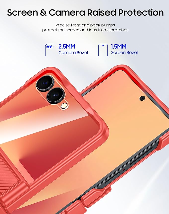 CENMASO for Samsung Galaxy Z Flip 7 Case with Card Holder [RFID Blocking] & Hinge Protection & HD Screen Protector, Rugged Anti-Scratch Full-Body Shockproof Phone Case for Z Flip 7-Coral Red