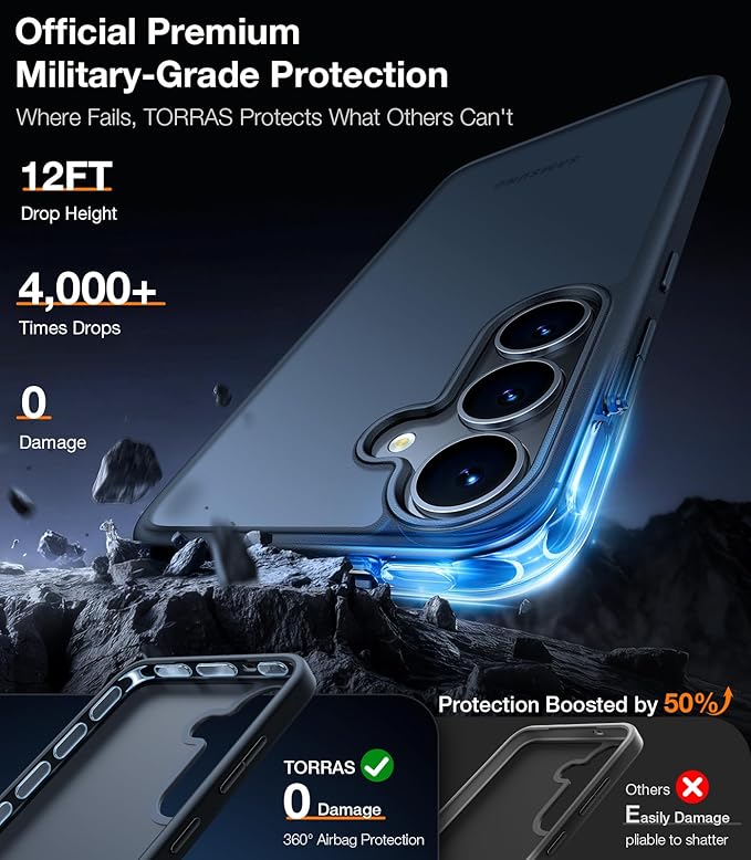 TORRAS Guardian Shockproof for Samsung Galaxy S25 Plus Case, 12FT Military-Grade Protection, Slim Case for Samsung S25 Plus case, Matte Translucent Black, Thin, 6.7''