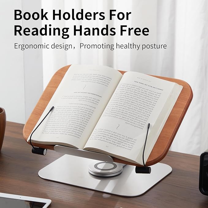 Book Stand for Reading, Mayhas Adjustable Book Holder with 360° Swivel Base&Page Clips, Foldable Desktop Stand for Cookbook, Fits All Books (Cherry Wood, Aluminum Base)