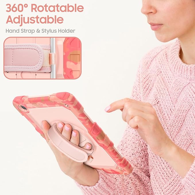 Case for Samsung Galaxy Tab A9+/ A9 Plus Case 11" 2023, Heavy Duty Shockproof Protective Case with Screen Protector, Hand Strap, Shoulder Strap, 360° Rotating Stand Camo Pink