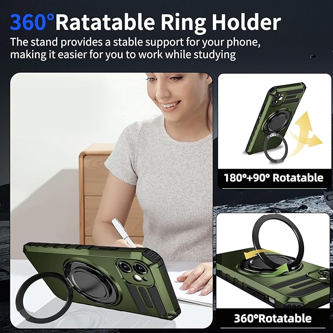 for iPhone 11 Case Compatible with MagSafe Magnetic,with 2 Tempered Glass Screen Protectors,Built-in 360°Kickstand Ring,Military Grade Drop Shockproof Heavy Duty Protection Phone Bumper Green