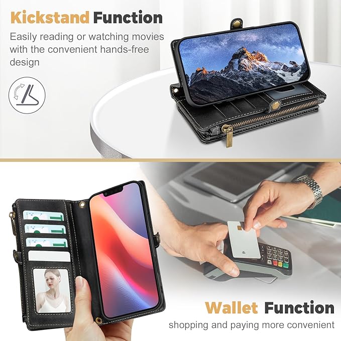 for iPhone 16e Wallet Phone Case with 7 Card Holder,RFID Blocking | PU Leather | Kickstand | Flip | Wrist Strap&Shoulder Strap | Shockproof | Zipper Wallet | Women Men | 6.1" | Black