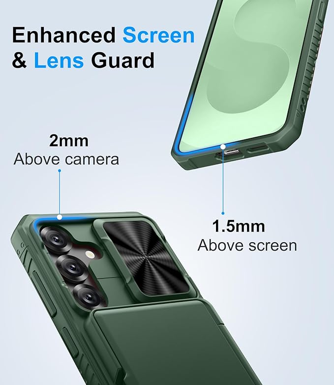 Multifuncional Case for Samsung Galaxy S25, Card Holder (4-5 Cards), RFID Block, Slide Lens Cover, Military Grade Drop Protection, Heavy Duty Men Women Wallet Phone Case for Samsung S25, Green