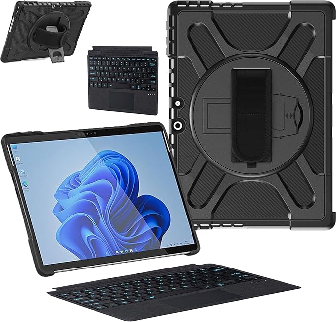 ZenRich Rugged Case with Keyboard for Surface Pro 9/10/11,Bluetooth Keyboard Case for Microsoft Surface Pro 11/10/9 with 360° Rotating Hand Strap & Stand