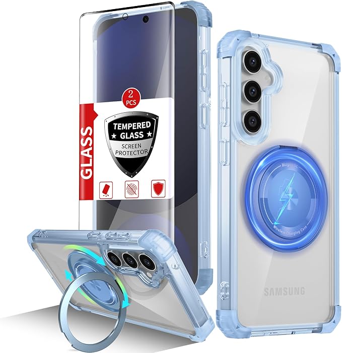 for Samsung Galaxy S24 FE Case Compatible with Magnetic Wireless Charging with 2 Screen Protectors, Galaxy S24 FE Case Built-in Kickstand Ring Military Grade Drop Protection Shockproof Blue