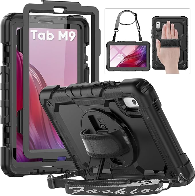 HXCASEAC Case for Lenovo Tab M9 2024/2023 (TB-310FU), with Screen Protector/Rotating Hand Strap/Sturdy Stand, Protective Cover for Lenovo M9 Tablet Case 9 inch, Black