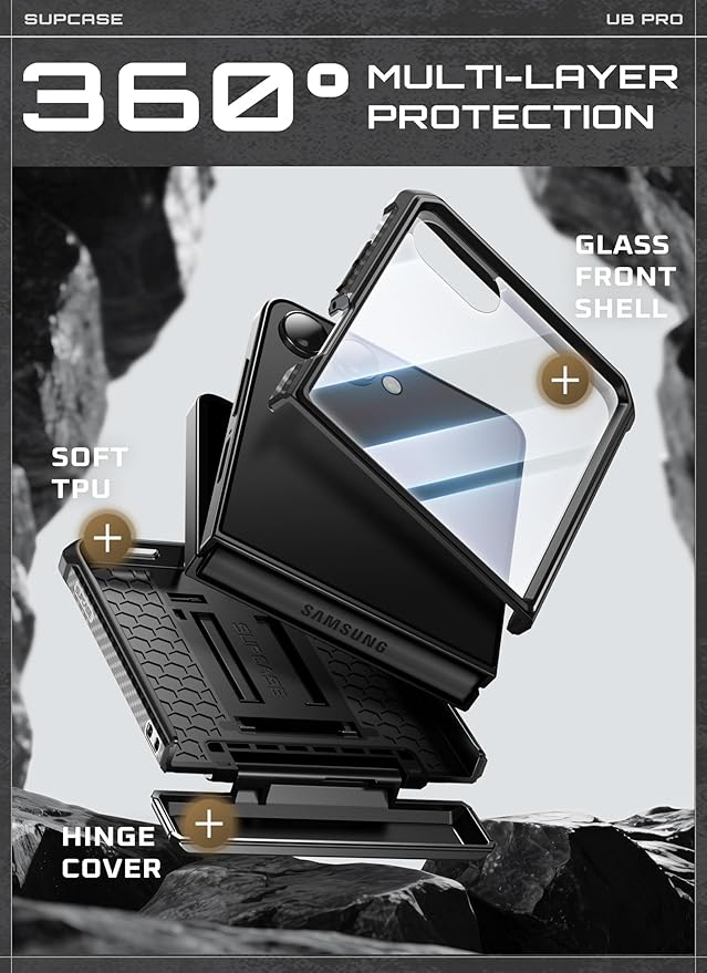 SUPCASE for Samsung Galaxy Z Flip 7 Case with Built-in Stand & Belt-Clip (Unicorn Beetle Pro), [Hinge Protection] [Front Tempered Glass Screen Protector] Full Body Military-Grade Phone Cover, Black