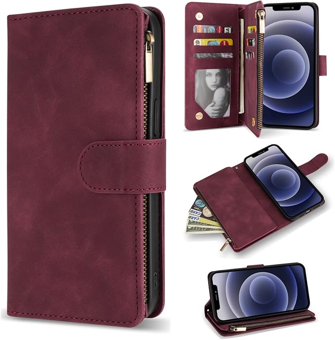 ZZXX for iPhone 12 Pro Wallet Case with Card Slot Premium Soft PU Leather Zipper Folio with Wrist Strap Kickstand Protective for iPhone 12 (Wine Red 6.1 inch)