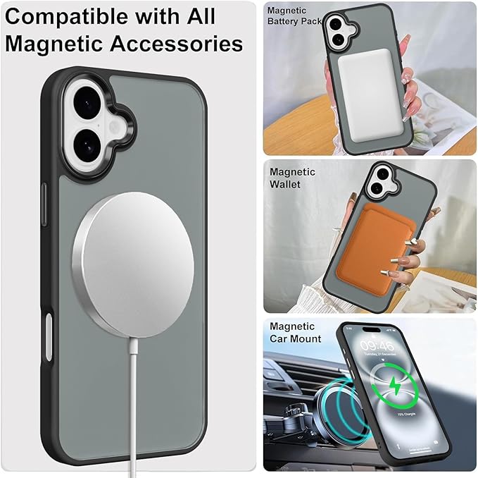 ZIYE Black Case for iPhone 16 Case with Stand [Compatible with MagSafe] Slim Heavy Duty Protection Military Grade Shockproof Magnetic Cover with 360 Rotatable Ring Kickstand for Women Men