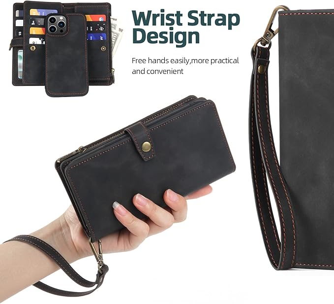 TwoHead for iPhone 13 Pro Max Wallet Case with Card Holder & Detachable Magnetic Phone Case, Leather All-Round Protection Phone Case Wallet for Women/Men,6.7 in, Black