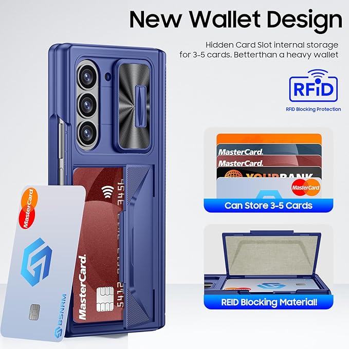for Samsung Galaxy Z Fold 6 Case with Card Holder RFID Blocking & Slide Camera Cover& Hinge Protection& Full-Body Rugged Shockproof Wallet Case for Galaxy Z fold 6, Sapphire Blue