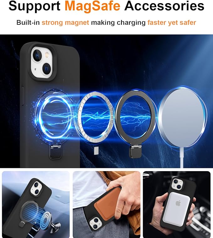 ZHK Liquid Silicone Designed for iPhone 13/14 Case with Magnet Stand, [Mil-Grade Drop Shockproof][Soft Anti-Scratch Microfiber Lining] Slim Fit Cover, Black