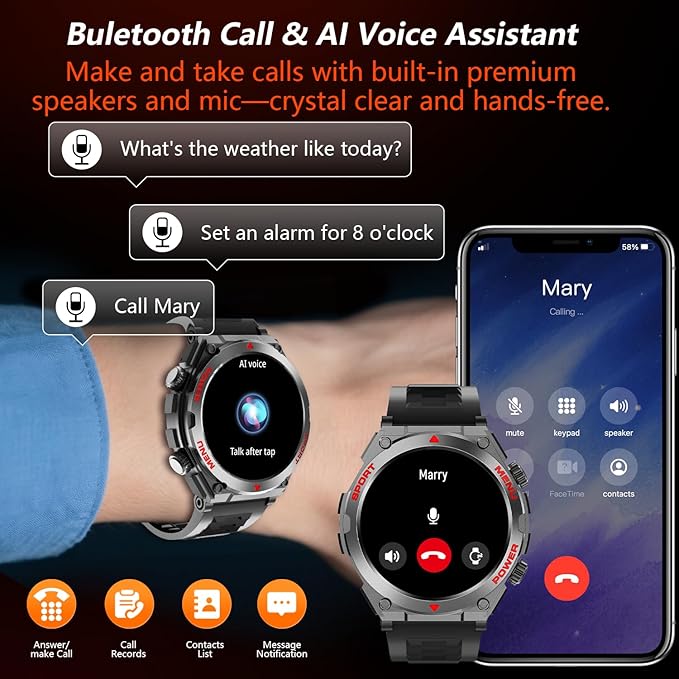 Military Smart Watch for Men With AI Q&A (Answer/Make Call/SMS Reply), 1.52" HD Smartwatch for Android Phones/iPhone, 100+ Sport Mode Fitness Tracker with HR, SpO2, Sleep Monitor, IP68 Waterproof