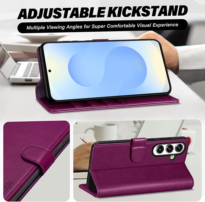 TUCCH Case Wallet for Galaxy S25 FE 5G, Kickstand [RFID Blocking] 4 Card Holder, Folio Magnetic PU Leather [TPU Shockproof Interior Shell] Protective Cover (6.7") 2025, Plum Purple