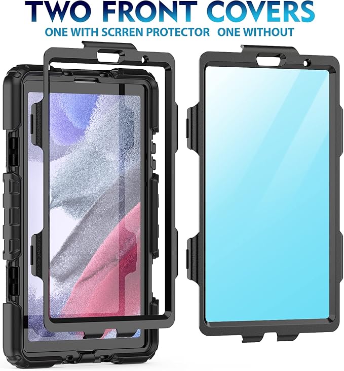 Timecity Case for Samsung Galaxy Tab A7 Lite 2021 8.7'' SM-T220/T225/T227 with Screen Protector, Heavy Duty Rugged Full-Body Protective Case with 360 Rotating Stand, Hand/Shoulder Strap Case, Black