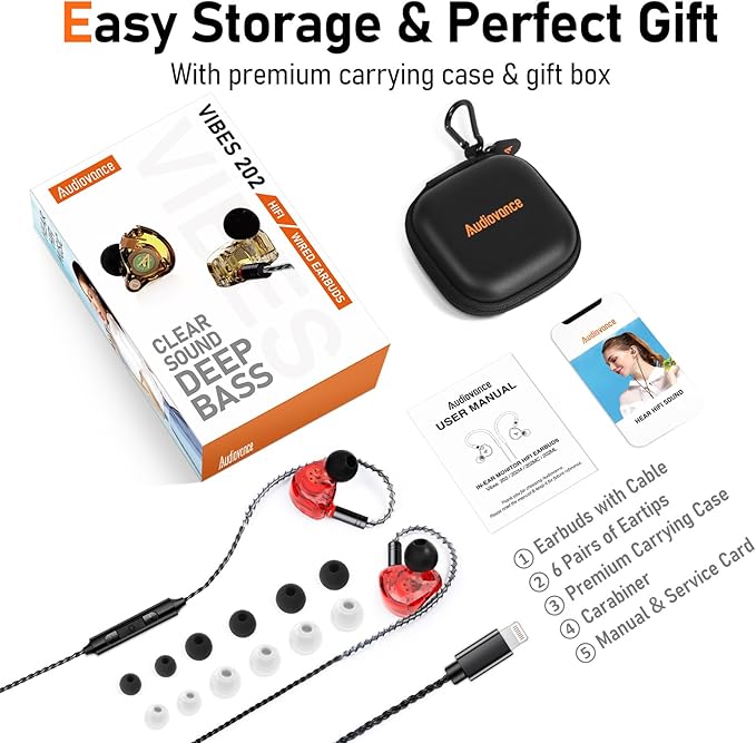 Vibes 202ML Wired Earbuds - HiFi in Ear Headphones - Noise-Isolating Ear Buds w/ Mic - Clear Sound, Deep Bass, Comfort-Fit Earphones - MMCX–Lightning for iPhone 5–14, Silver Plated Cord, Carrying Case