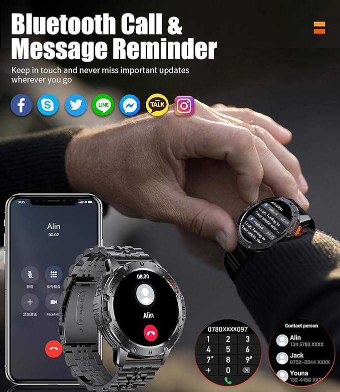 Military Smart Watches for Men with LED Flashlight,3 Straps,1,43'' AMOLED Smartwatch for Men with 530mAh Battery,5ATM Waterproof Fitness Tracker Smart Watch with Answer/Make Call iOS Android