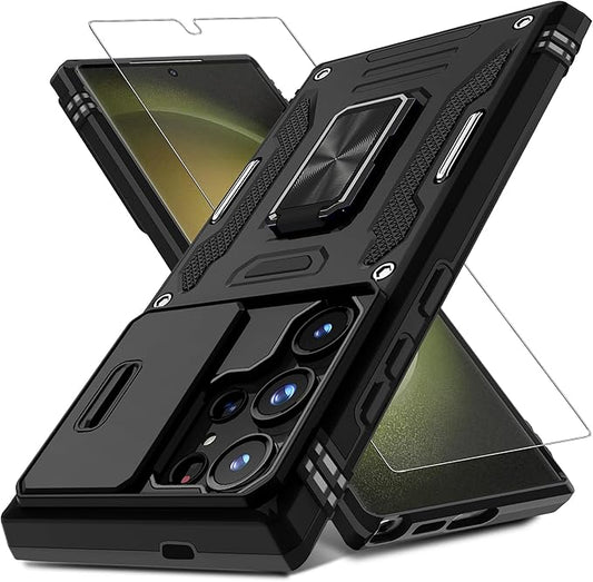 DEERLAMN Case for Samsung Galaxy S25 Ultra 6.9-Inch with Slide Camera Cover+Screen Protector, Rotated Ring Kickstand Military Grade Drop Protection Shockproof Protective Cover-Black