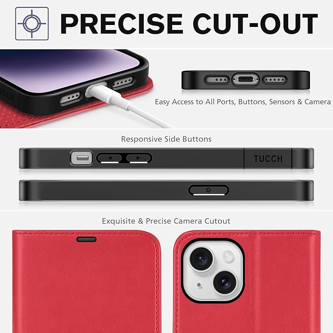 TUCCH Wallet Case for iPhone 14 6.1-inch, [RFID Blocking] [4 Card Slots] TPU Interior Protective Case, Magnetic Folio Shockproof PU Leather Stand Flip Cover Compatible with iPhone 14 6.1 5G, Red