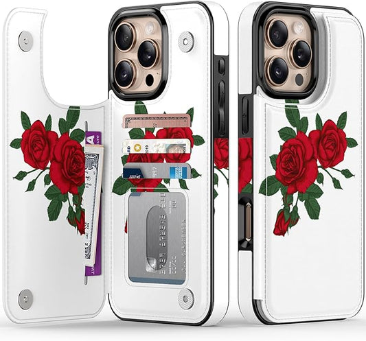 FUNMIKO for iPhone 16 Pro Max Wallet Case with Card Holder, RFID-Blocking, Military-Grade Protection & UV-Printed Artwork, Magnetic Closure with Leather Kickstand - Blooming Red Rose