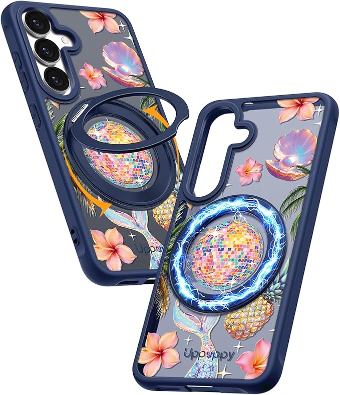 for Samsung Galaxy S25 Case with 360° Rotatable Magnetic Ring - Compatible with MagSafe, Semi-Transparent Anti-Fingerprint Soft-Touch Material Shockproof, Cute Y2K Design for Women Girl