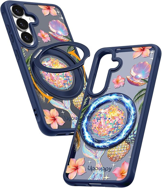 for Samsung Galaxy S25 Case with 360° Rotatable Magnetic Ring - Compatible with MagSafe, Semi-Transparent Anti-Fingerprint Soft-Touch Material Shockproof, Cute Y2K Design for Women Girl